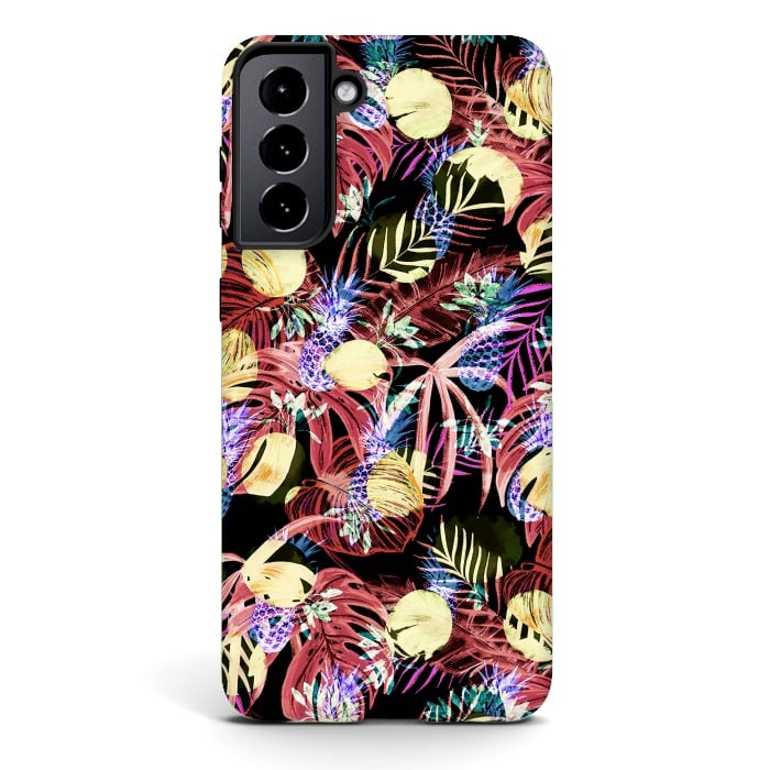Galaxy S21 StrongFit Colourful painted tropical leaves and pineapples by Oana 