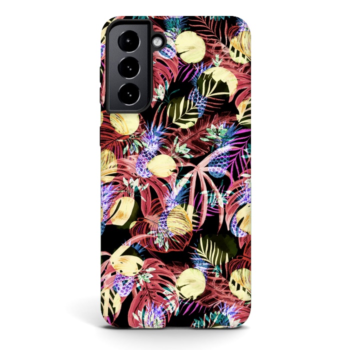 Galaxy S21 plus StrongFit Colourful painted tropical leaves and pineapples by Oana 