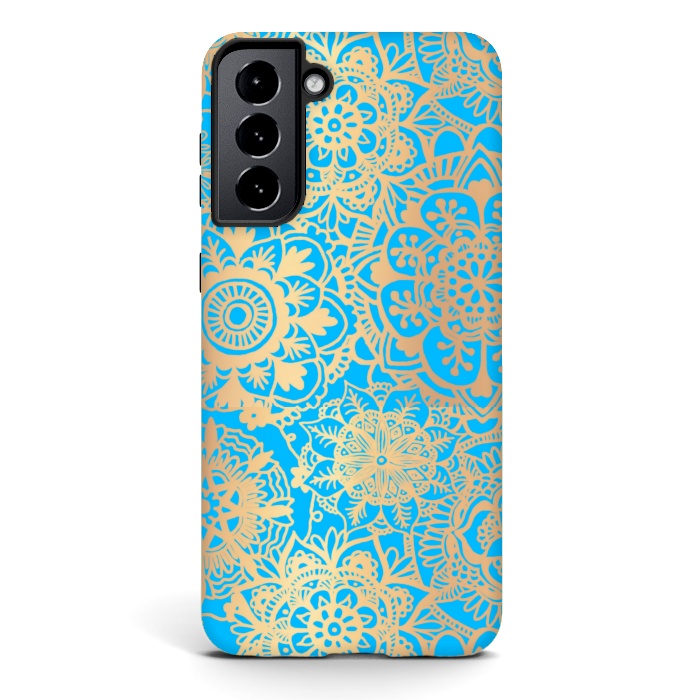 Galaxy S21 plus StrongFit Light Blue and Gold Mandala Pattern by Julie Erin Designs
