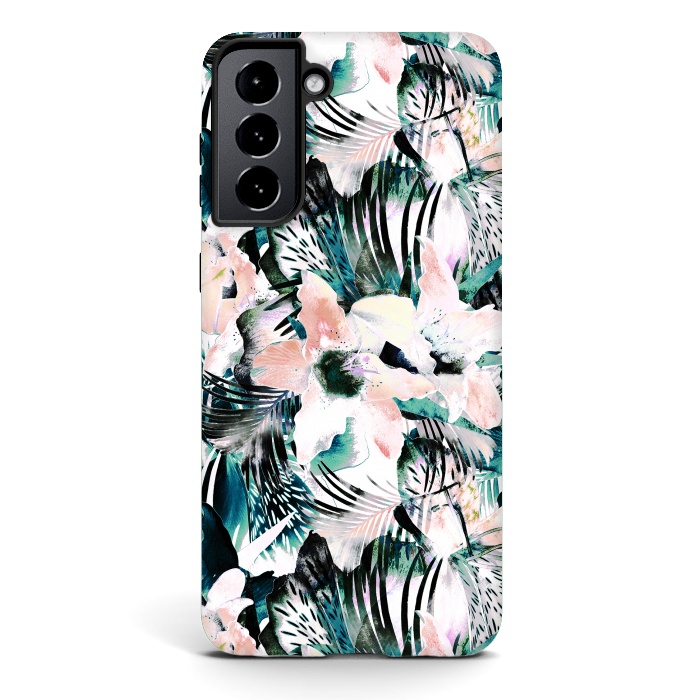 Galaxy S21 StrongFit Tropical flowers and palm leaves by Oana 