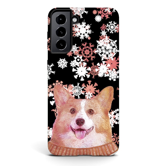 Galaxy S21 plus StrongFit Cute corgi and white rose gold snowflakes by Oana 