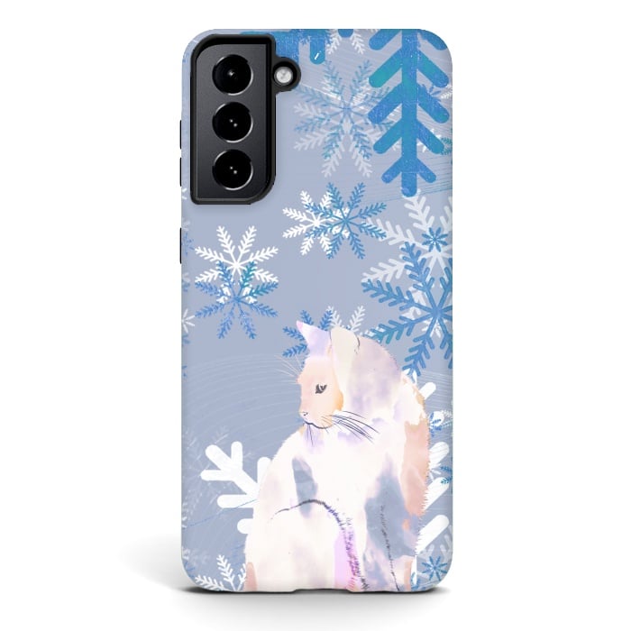 Galaxy S21 StrongFit Cat and metallic blue snowflakes watercolor illustration by Oana 