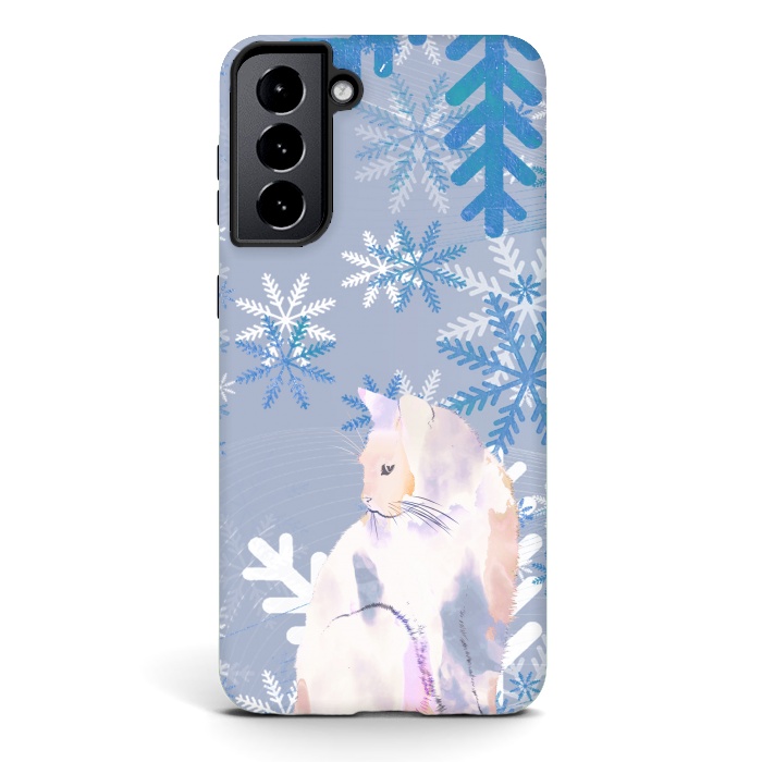 Galaxy S21 plus StrongFit Cat and metallic blue snowflakes watercolor illustration by Oana 