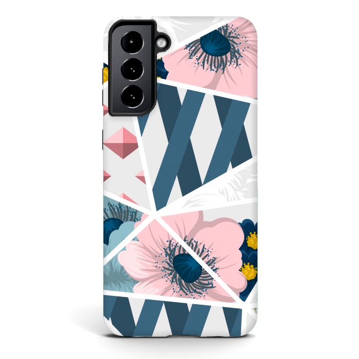 Galaxy S21 StrongFit BLUE PINK FLORAL PATCHWORK by MALLIKA