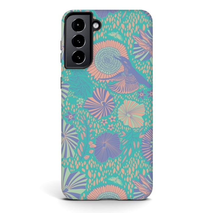 Galaxy S21 plus StrongFit Mint bird and dragonfly by Nina Leth