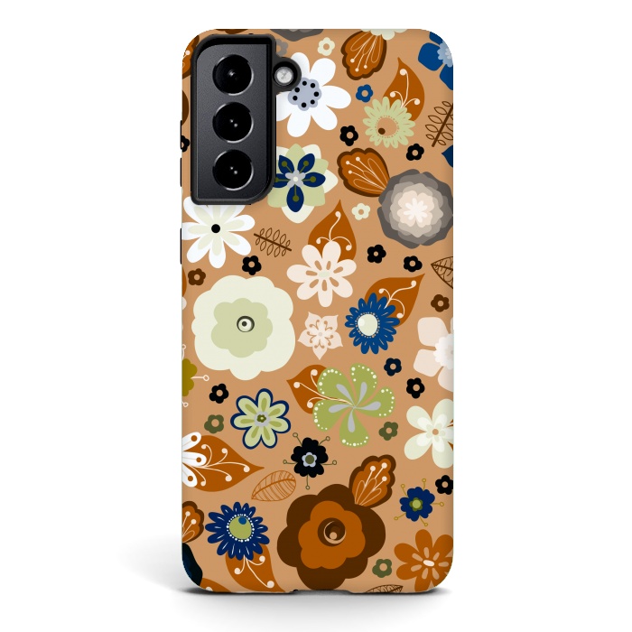 Galaxy S21 StrongFit Kitsch 70s Flowers in Classic Blue and Brown by Paula Ohreen