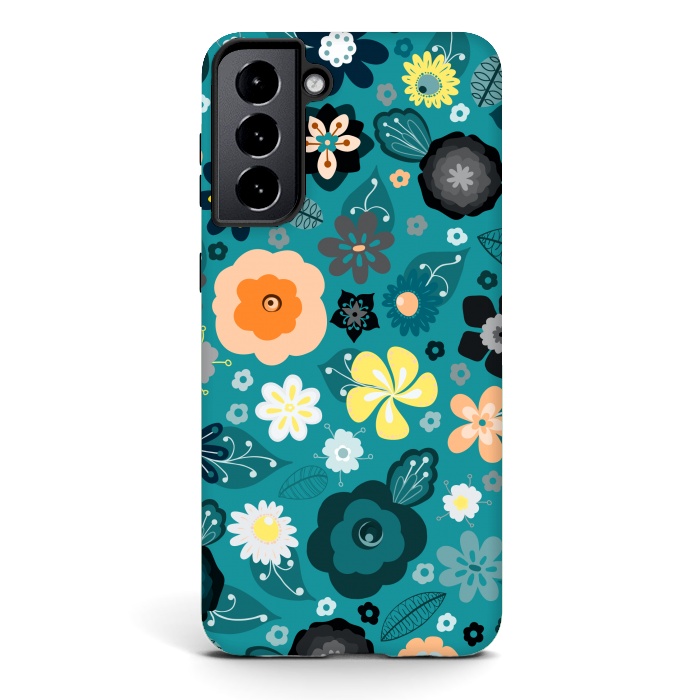Galaxy S21 StrongFit Kitsch 70s Flowers in Classic Blue and Yellow by Paula Ohreen