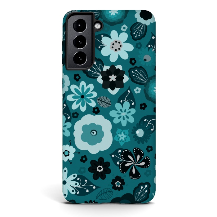 Galaxy S21 StrongFit Kitsch 70s Flowers in Monochrome Classic Blue by Paula Ohreen