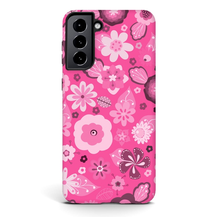 Galaxy S21 StrongFit Kitsch 70s Flowers in Bright Pink Hues by Paula Ohreen