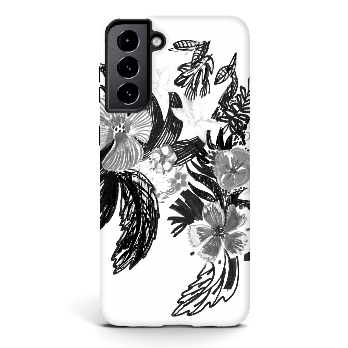 Galaxy S21 plus StrongFit Black ink sketched flowers by Oana 