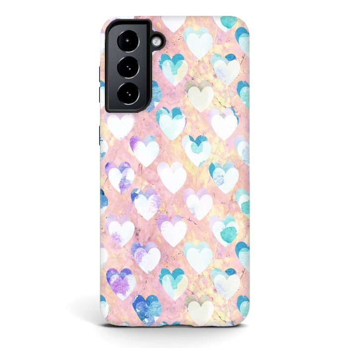 Galaxy S21 StrongFit Pastel painted hearts on pink marble Valentine by Oana 