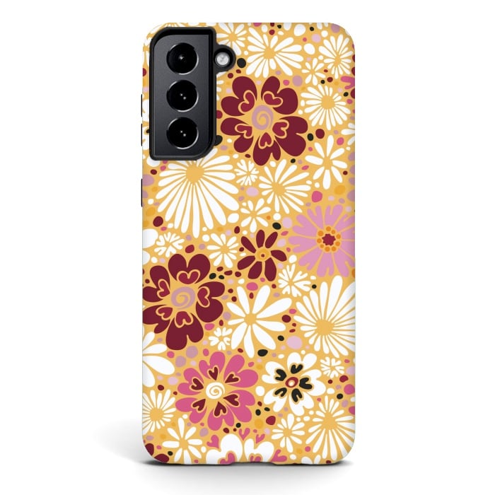 Galaxy S21 StrongFit 70s Valentine Flowers in Pink, Cream and Yellow by Paula Ohreen