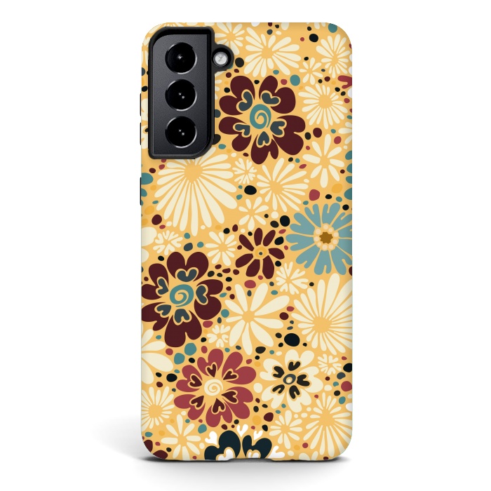 Galaxy S21 StrongFit 70s Valentine Flowers in Blue and Yellow by Paula Ohreen