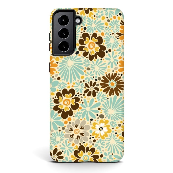Galaxy S21 StrongFit 70s Valentine Flowers in Orange, Brown and Blue by Paula Ohreen
