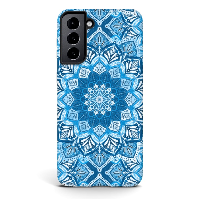 Galaxy S21 StrongFit Boho Mandala in Monochrome Blue and White by Micklyn Le Feuvre