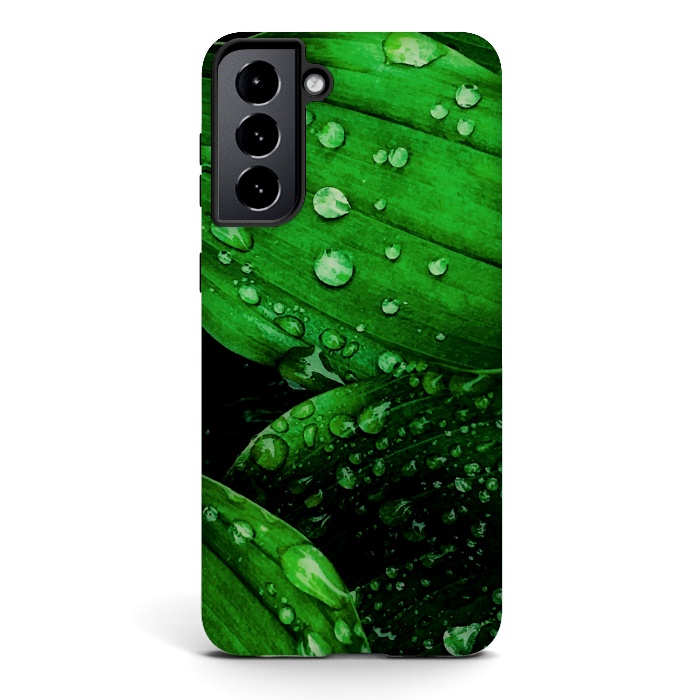 Galaxy S21 StrongFit green leaf with raindrops by haroulita