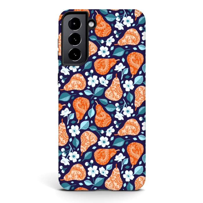 Galaxy S21 plus StrongFit Cheerful Pears in Orange on Navy Blue by Micklyn Le Feuvre