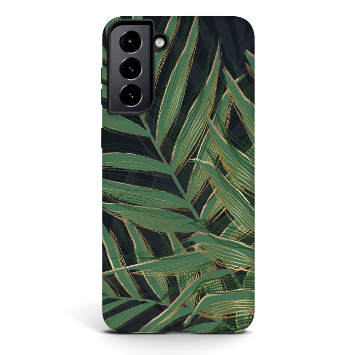 Galaxy S21 StrongFit Trendy Green Palm Leaves Gold Strokes Gray Design by InovArts