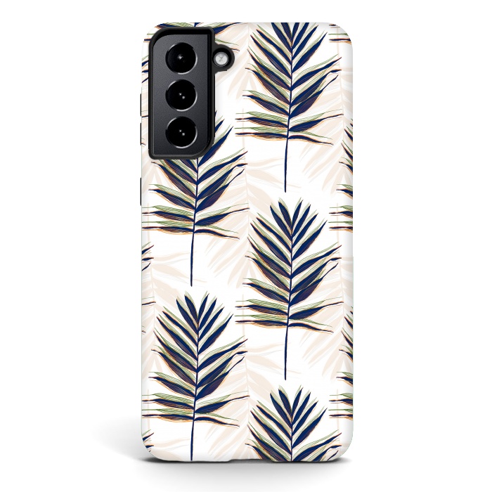 Galaxy S21 StrongFit Modern Blue Palm Leaves Gold Strokes White Design by InovArts