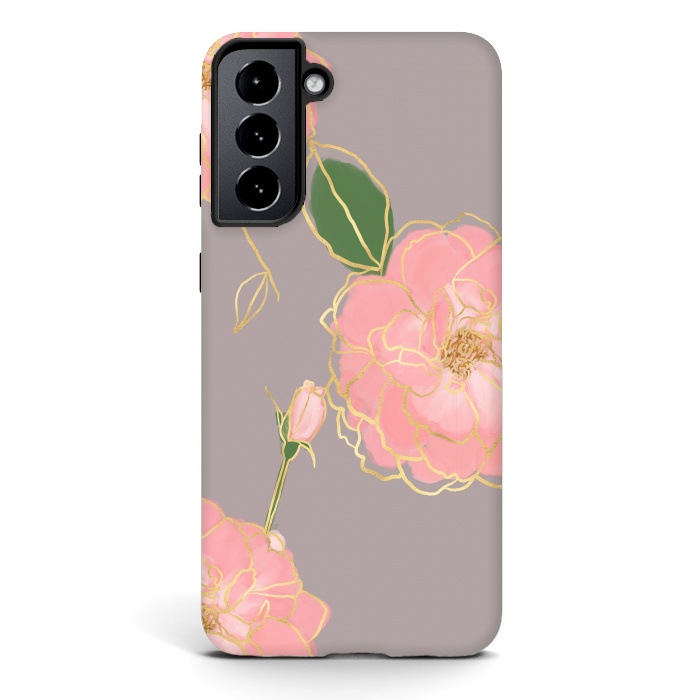 Galaxy S21 plus StrongFit Elegant Pink & Gold Watercolor Roses Gray Design by InovArts