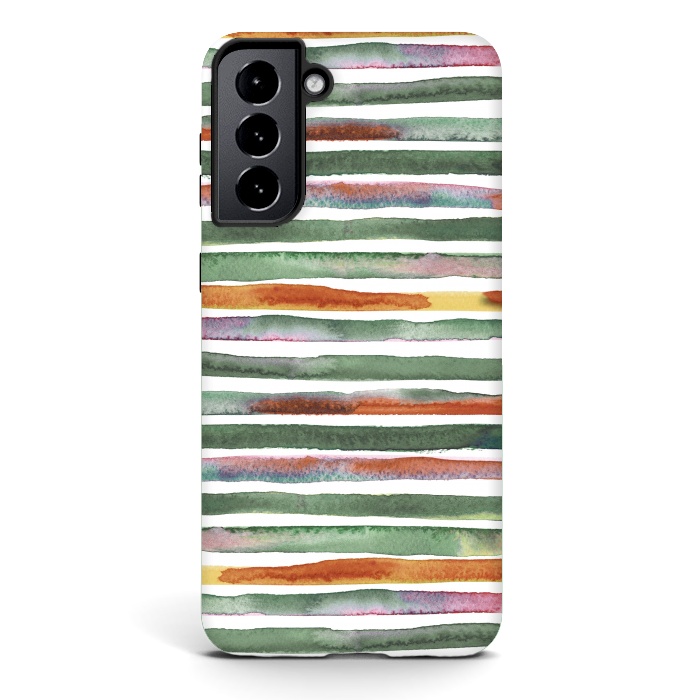 Galaxy S21 StrongFit Watercolor Stripes and Lines Green Orange by Ninola Design