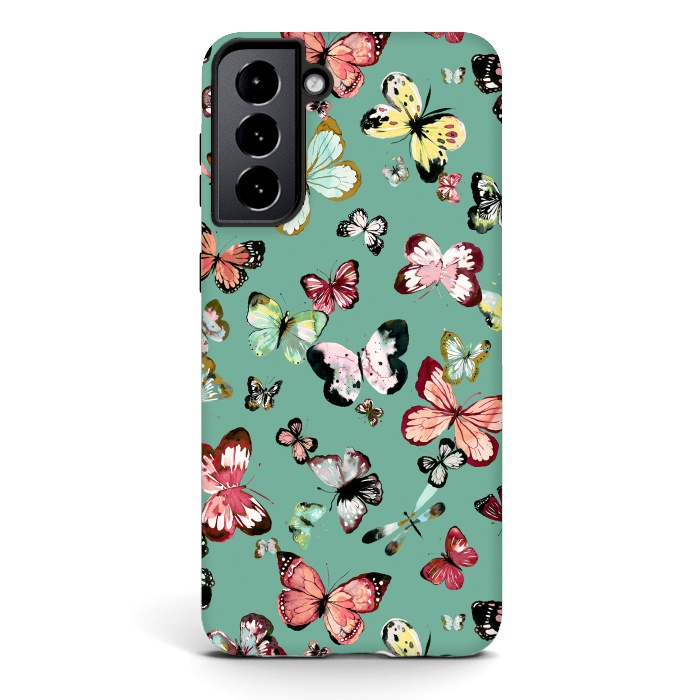 Galaxy S21 StrongFit Flying Butterflies Watercolor Teal by Ninola Design