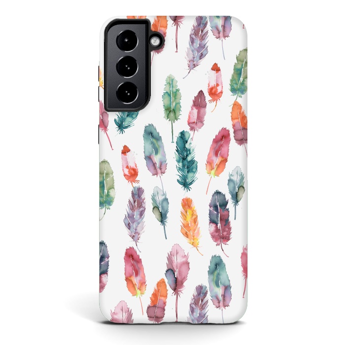 Galaxy S21 StrongFit Bohemian Feathers Watercolor Colorful by Ninola Design