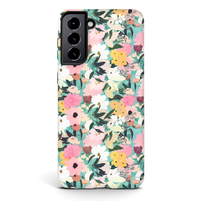 Galaxy S21 StrongFit Pretty Watercolor Pink & White Floral Green Design by InovArts
