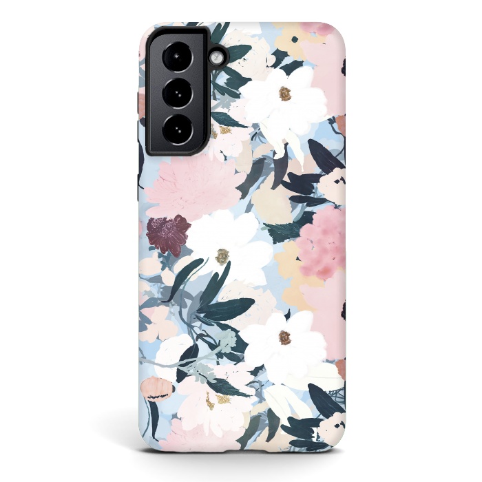 Galaxy S21 StrongFit Pretty Grayish Blue Watercolor Pink & White Floral Design by InovArts
