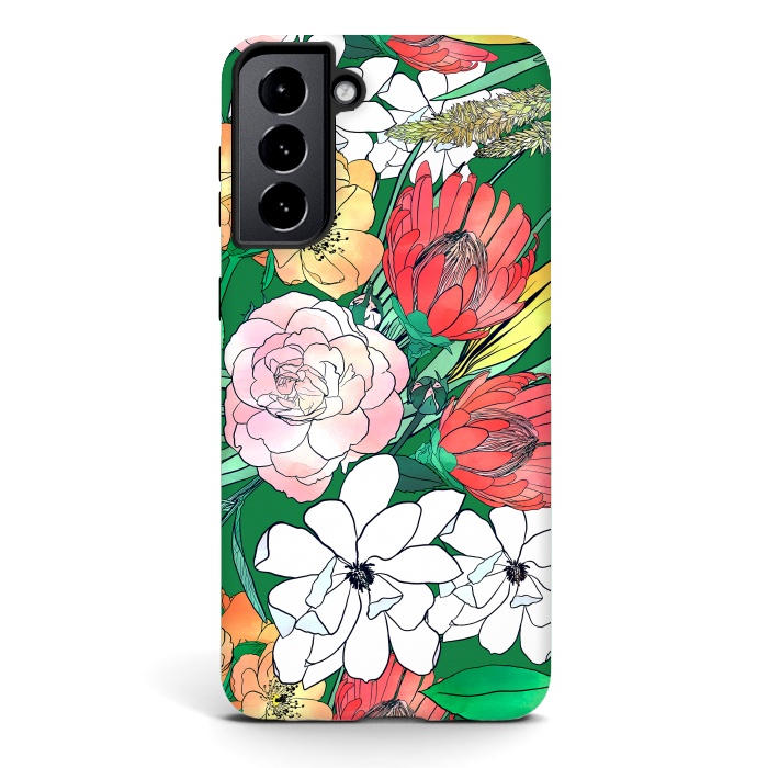 Galaxy S21 StrongFit Colorful Hand Drawn Flowers Green Girly Design by InovArts