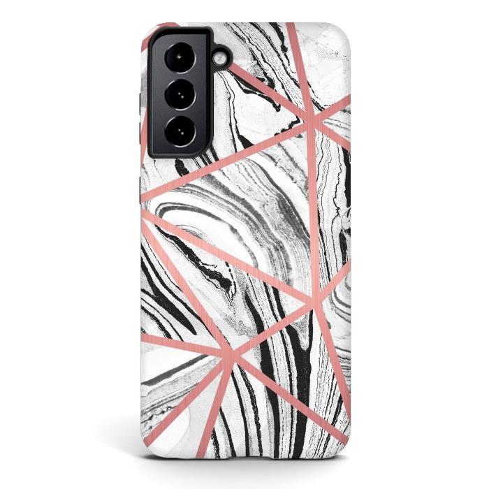 Galaxy S21 StrongFit White marble with black stripes and rose gold triangles by Oana 