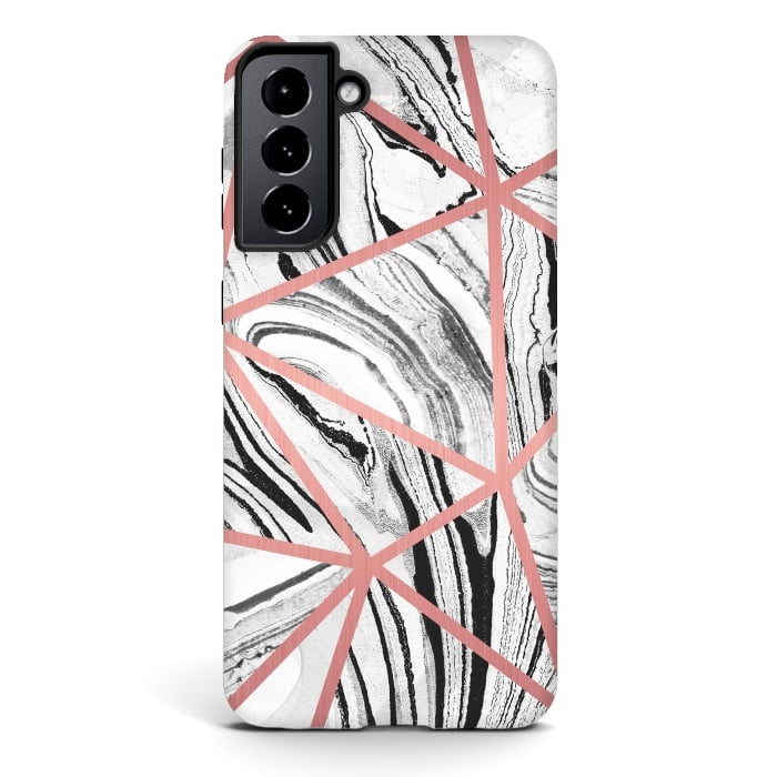 Galaxy S21 plus StrongFit White marble with black stripes and rose gold triangles by Oana 
