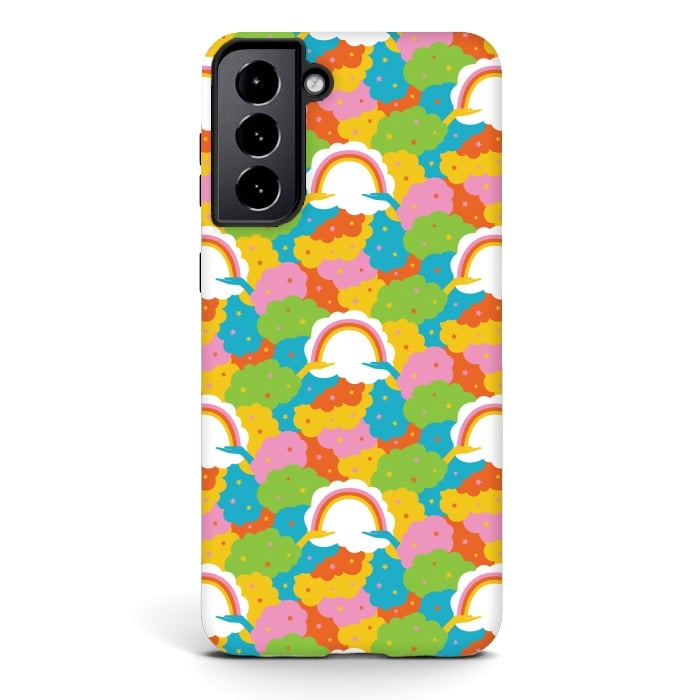 Galaxy S21 StrongFit Rainbows, clouds, hands, We're in This Together repeat pattern in pastels by Portia Monberg