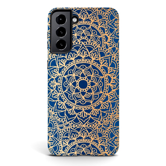 Galaxy S21 plus StrongFit Blue and Yellow Mandala Pattern by Julie Erin Designs