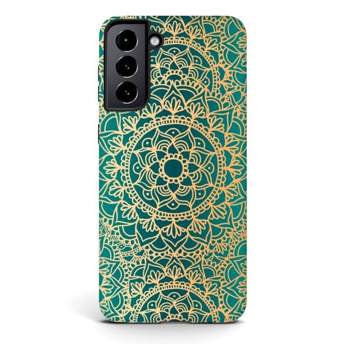 Galaxy S21 StrongFit Teal Green and Yellow Mandala Pattern by Julie Erin Designs