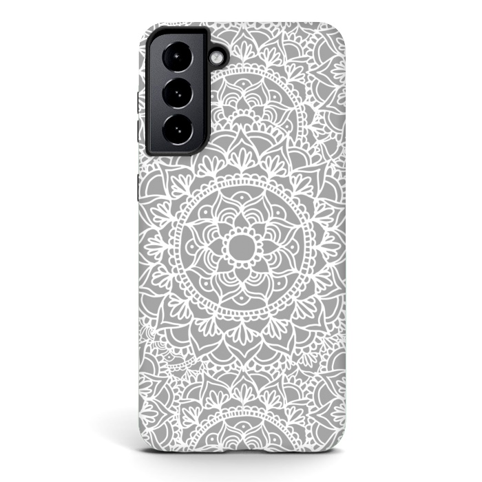 Galaxy S21 plus StrongFit White and Gray Mandala Pattern by Julie Erin Designs