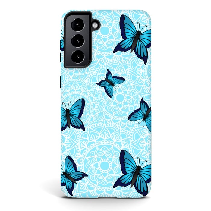 Galaxy S21 StrongFit Blue Butterfly Mandala Pattern by Julie Erin Designs