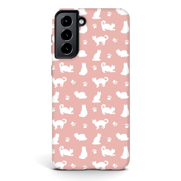 Galaxy S21 plus StrongFit Pink and White Cat Pattern by Julie Erin Designs
