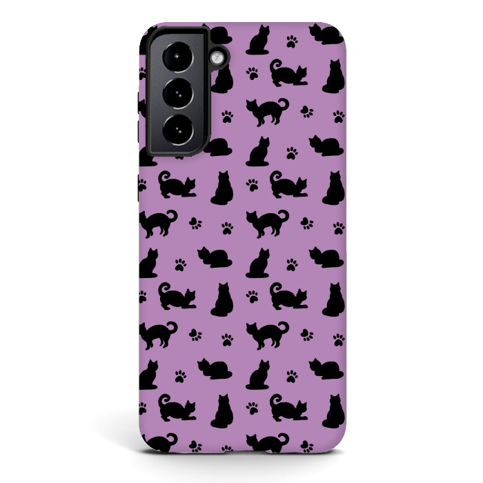 Galaxy S21 StrongFit Black and Purple Cats and Paw Prints Pattern by Julie Erin Designs