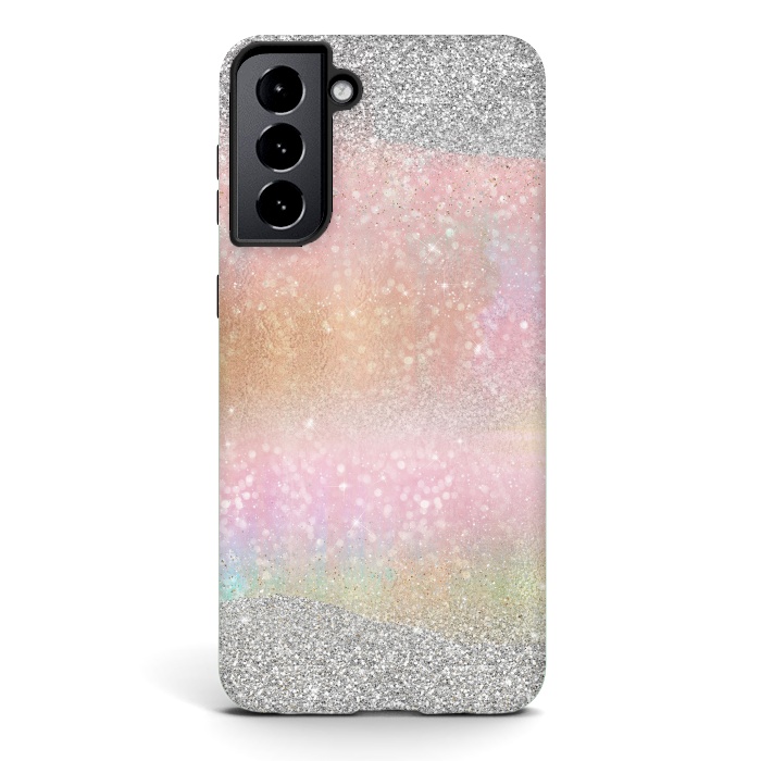Galaxy S21 StrongFit Elegant Silver Gold strokes rainbow glow Glitter abstract image by InovArts
