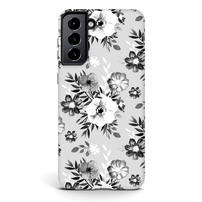 Galaxy S21 StrongFit Black and white ink painted flowers by Oana 