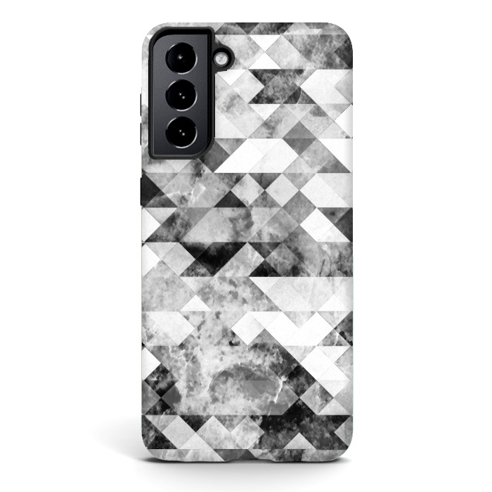Galaxy S21 plus StrongFit Black and white textured marble triangles by Oana 