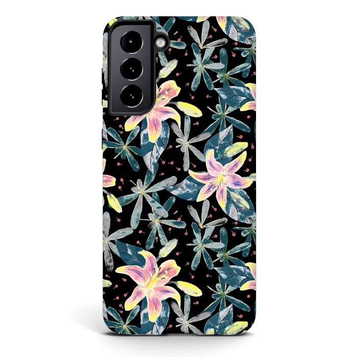Galaxy S21 StrongFit Painted flowers and tropical leaves - dark green by Oana 