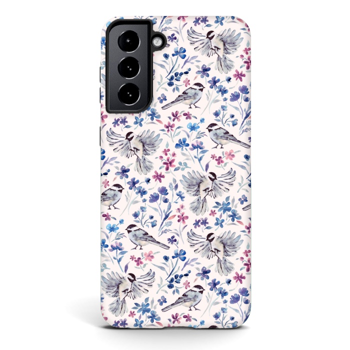 Galaxy S21 plus StrongFit Chickadees and Wildflowers in lavender blues on cream by Micklyn Le Feuvre
