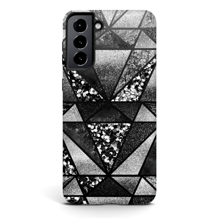 Galaxy S21 StrongFit Black and silver glitter sparkle triangles by Oana 