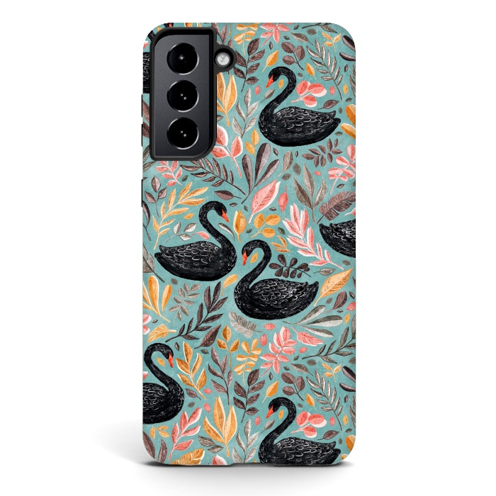 Galaxy S21 StrongFit Bonny Black Swans with Autumn Leaves on Sage by Micklyn Le Feuvre