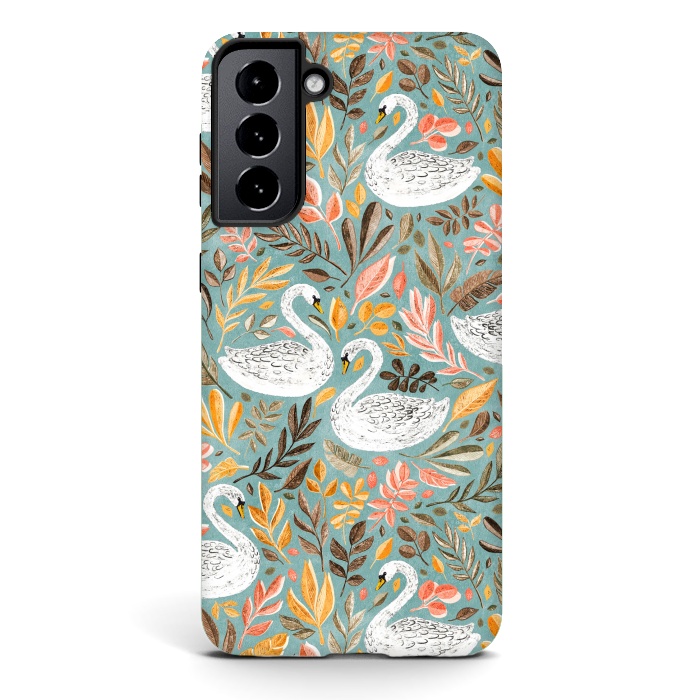 Galaxy S21 StrongFit Whimsical White Swans with Autumn Leaves on Sage by Micklyn Le Feuvre