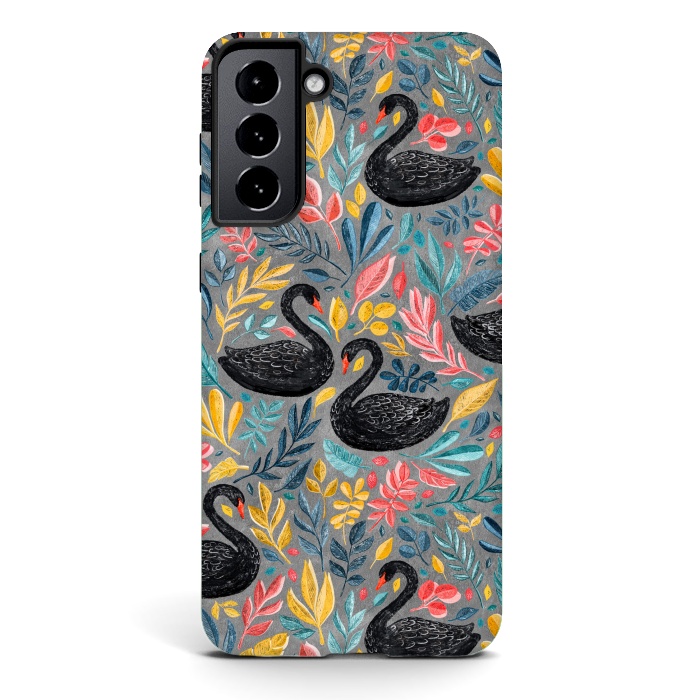 Galaxy S21 plus StrongFit Bonny Black Swans with Lots of Leaves on Grey by Micklyn Le Feuvre