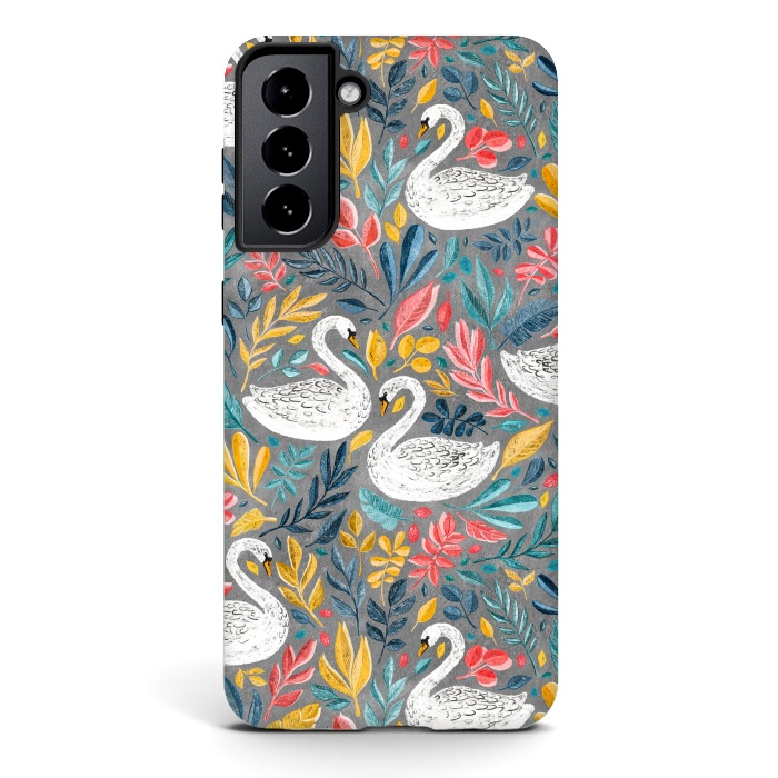 Galaxy S21 StrongFit Whimsical White Swans with Lots of Leaves on Grey by Micklyn Le Feuvre