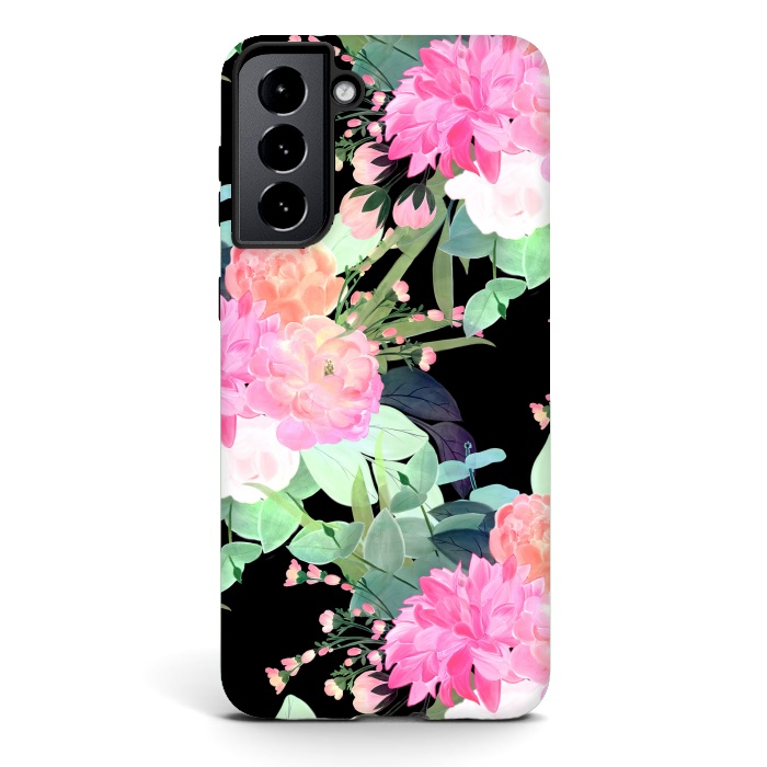 Galaxy S21 StrongFit Trendy Pink & Black Flowers Watercolor Design by InovArts